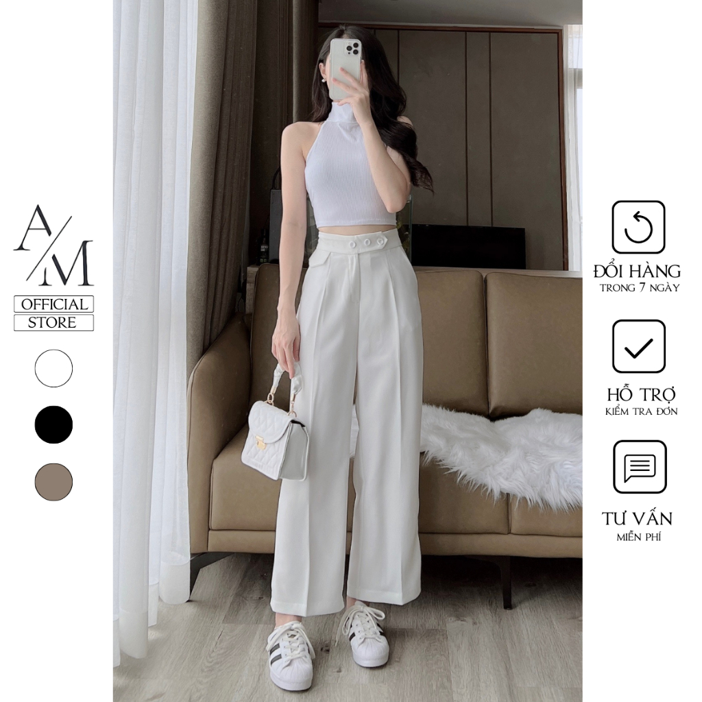 Quần suông ống rộng nữ lưng cao trơn basic vải cao cấp không nhăn xù 99 Cag Priority - M1002