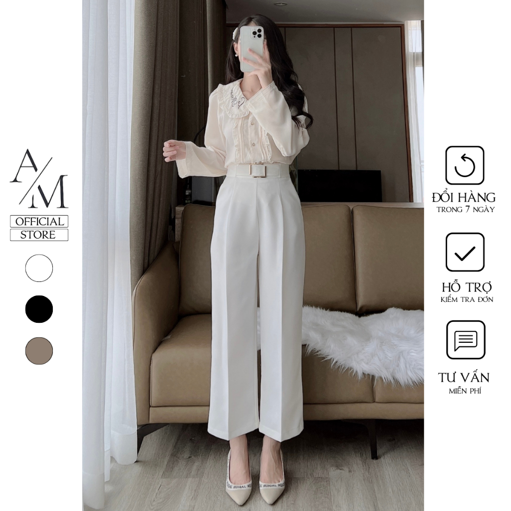 Quần ống suông nữ lưng cao tôn dáng cạp cài khuy cách điệu vải không nhăn xù 99 Cag Priority - M663