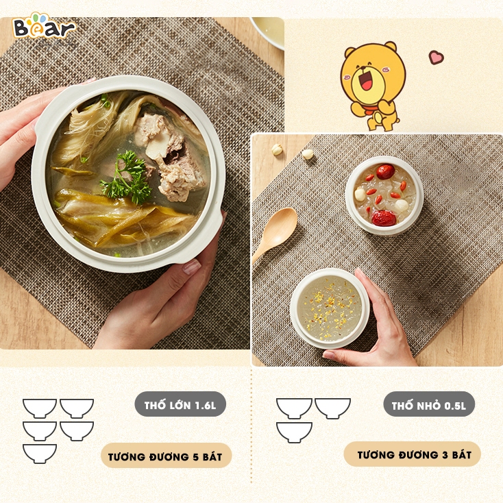 Combo Nồi Nấu Chậm 1,6L Bear SUBE002 và Máy Xay 5 Món B50E1 Đa Năng Xay Đồ Ăn Dặm Nấu Cháo Hầm Ninh Tiết Kiệm Thời Gian