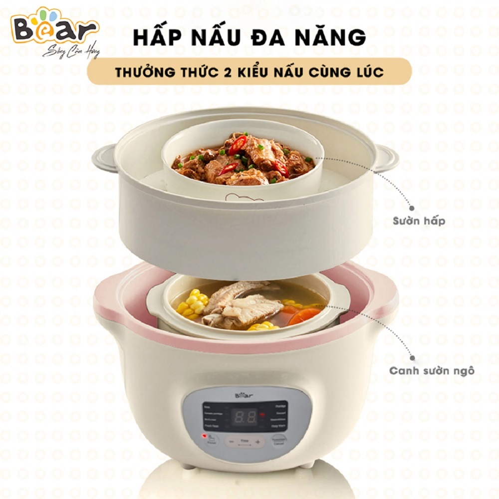Combo Nồi Nấu Chậm 1,6L Bear SUBE002 và Máy Xay 5 Món B50E1 Đa Năng Xay Đồ Ăn Dặm Nấu Cháo Hầm Ninh Tiết Kiệm Thời Gian