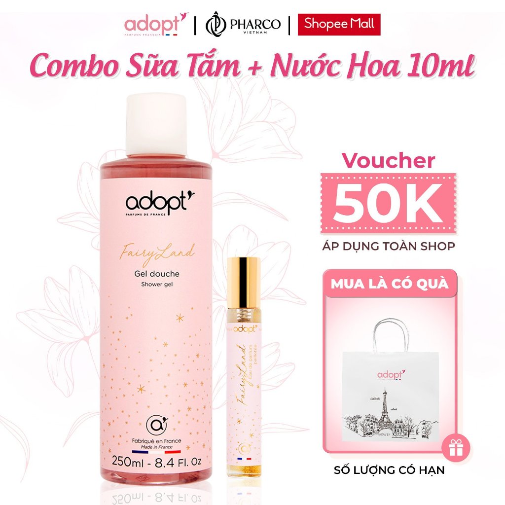 Combo 2 Nước hoa và Sữa tắm dưỡng thể trắng da ADOPT (250mlx1 sữa tắm, 10mlx1 nước hoa)