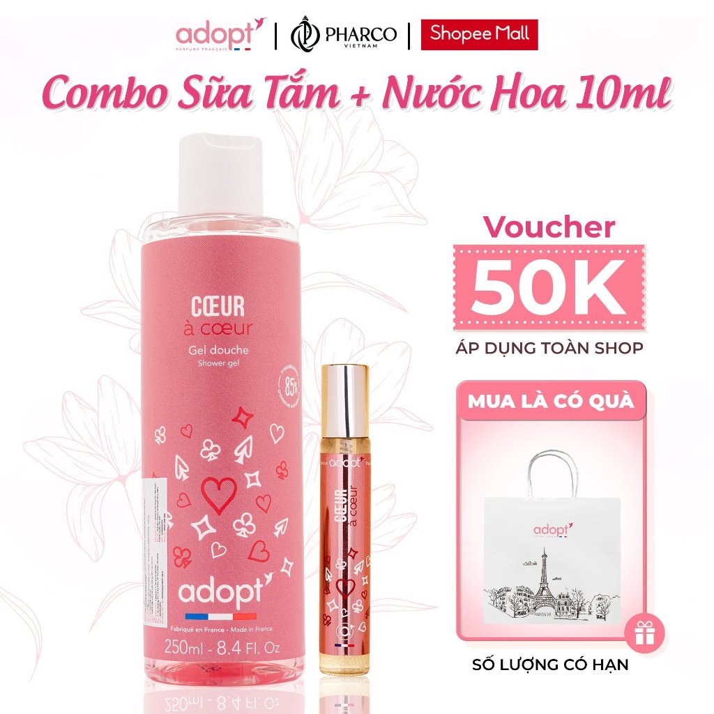 Combo 2 Nước hoa và Sữa tắm dưỡng thể trắng da ADOPT (250mlx1 sữa tắm, 10mlx1 nước hoa)