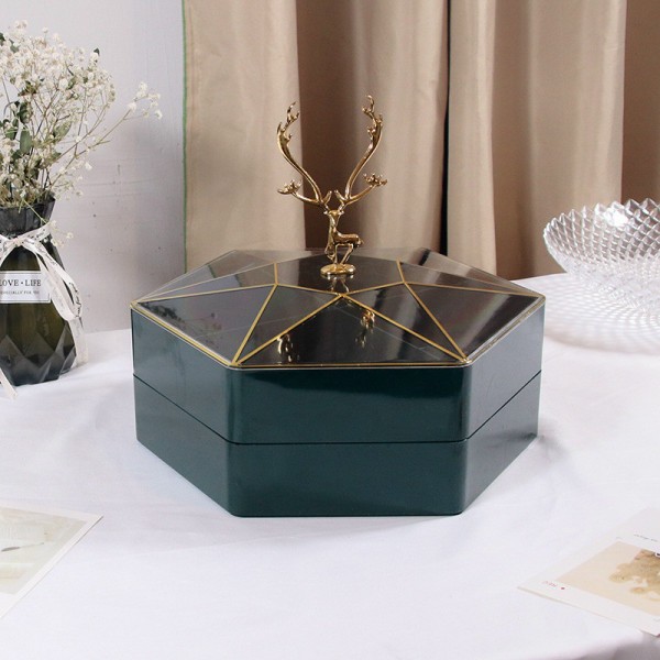 Khay Mứt Hươu Vàng 2 Tầng Hình Lục Giác Sang Trọng Phong Cách Bắc Âu Nắp Hươu Vàng Đựng Bánh Kẹo Tết