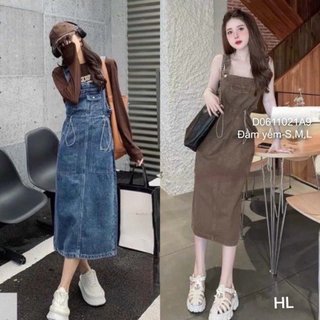 Đầm yếm jean 2 dây dáng dài phối có túi rút eo hàng đẹp!transstore90
