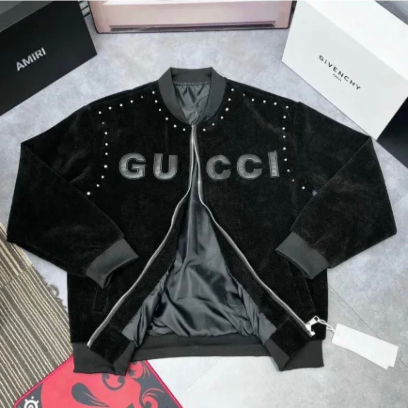 Áo Khoác Bomber Gu-Cci  Đính Đá Thêu Gucci Chất Vải Nỉ NHung 2 Lớp - Áo Bomber Nam Nữ Hot Trend 2023