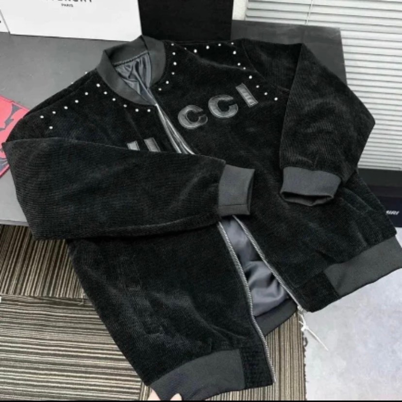 Áo Khoác Bomber Gu-Cci  Đính Đá Thêu Gucci Chất Vải Nỉ NHung 2 Lớp - Áo Bomber Nam Nữ Hot Trend 2023