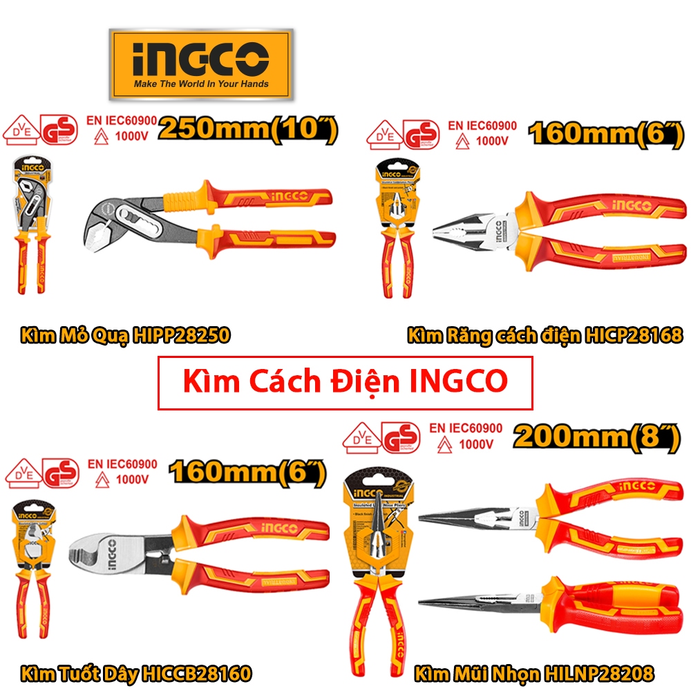 Kìm Cách Điện INGCO Kìm răng cách điện HICP28168 /Kìm mũi nhọn HILNP28208 /Kìm tuốt dây HICCB28160 /Kìm mỏ quạ HIPP28250