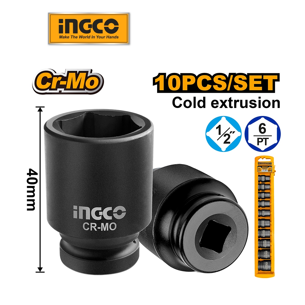 Bộ 10 đầu tuýp Impact DR 1/2 inch INGCO HKISSD12101 10mm, 12mm, 13mm, 14mm, 15mm, 19mm, 21mm, 22mm, 24mm dài tuýp 38mm