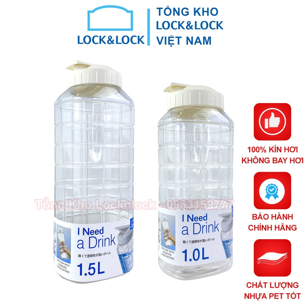 Bình nước lock and lock Dung tích 1Lít - 1.5 Lít Dùng Trữ nước trong tủ lạnh - Hàng Chính Hãng Nhựa PET BPA An Toàn