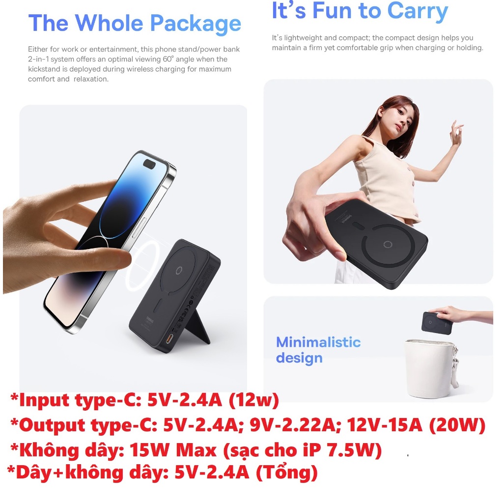 Pin dự phòng không dây nam châm kiêm giá đỡ từ tính cho iP 12-15 Baseus MagPro Magnetic Stand Power Bank PPCXZ05