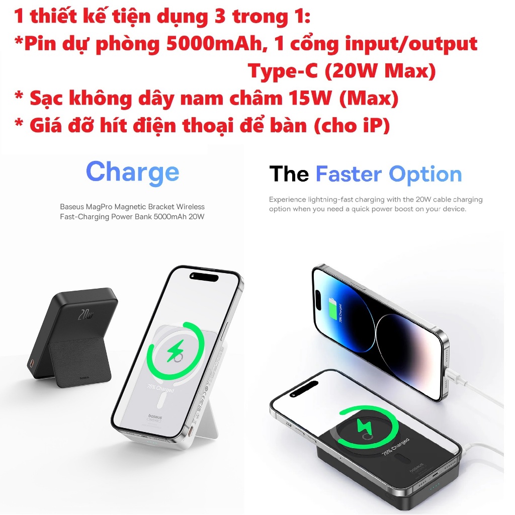 Pin dự phòng không dây nam châm kiêm giá đỡ từ tính cho iP 12-15 Baseus MagPro Magnetic Stand Power Bank PPCXZ05