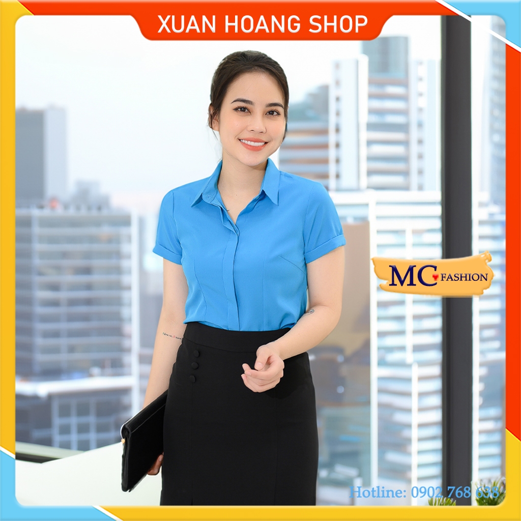 Áo Công Đoàn Nữ Tay Ngắn Xanh Sơ Mi Công Sở Thời Trang Mc Fashion A208