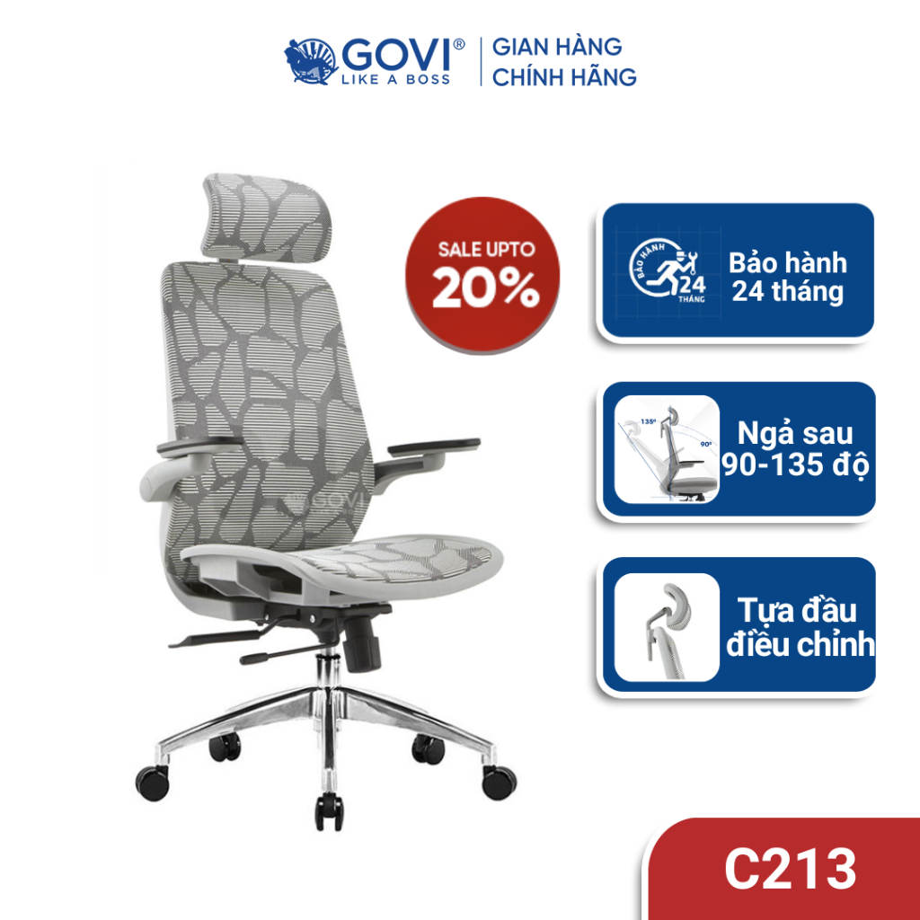 Ghế công thái học Ergonomic GOVI Como C213 - Tựa đầu điều chỉnh độ cao, lưng và đệm bọc vải lưới 3D, thiết kế tinh tế