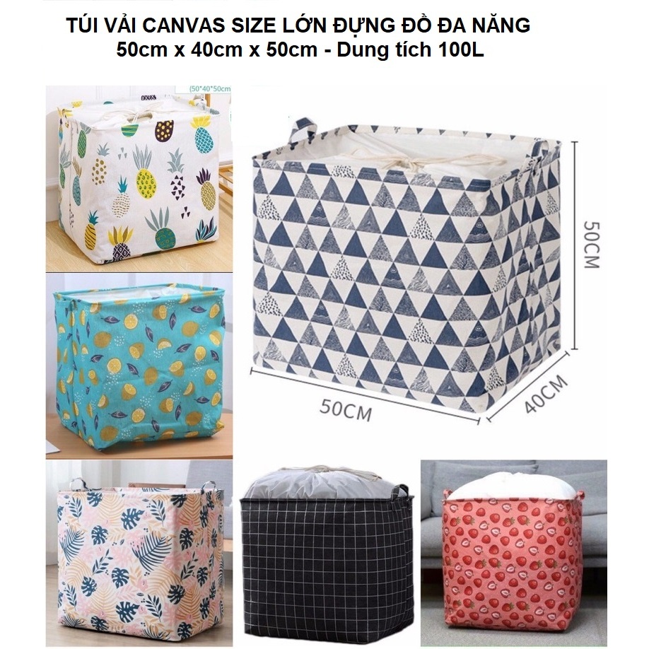 Túi Vải Đựng Chăn Màn Quần Áo 100 Lít, Giỏ Vải Đựng Đồ Đa Năng Chống Nước 50x40x5cm Miệng Rút Dây Có Quai Xách