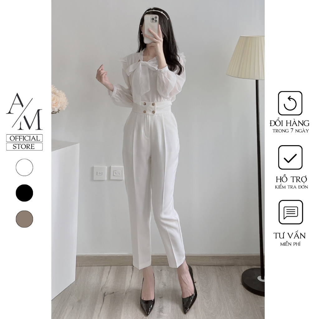Quần baggy nữ lưng cao cạp bản to phối 4 cúc cách điệu khóa trước 99 Cag Priority - M524