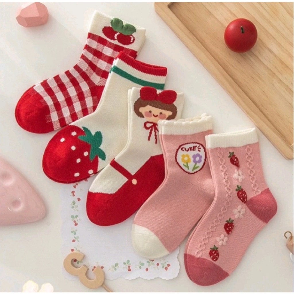 SET 5 ĐÔI TẤT BÉ GÁI  DÂU TÂY HỒNG