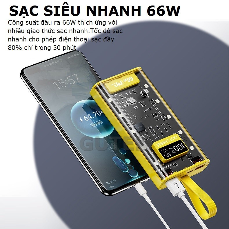 Sạc dự phòng 30000mah sạc nhanh 66w pin dung lượng lớn đi kèm dây cắm nhiều điện thoại - Gutek DX745