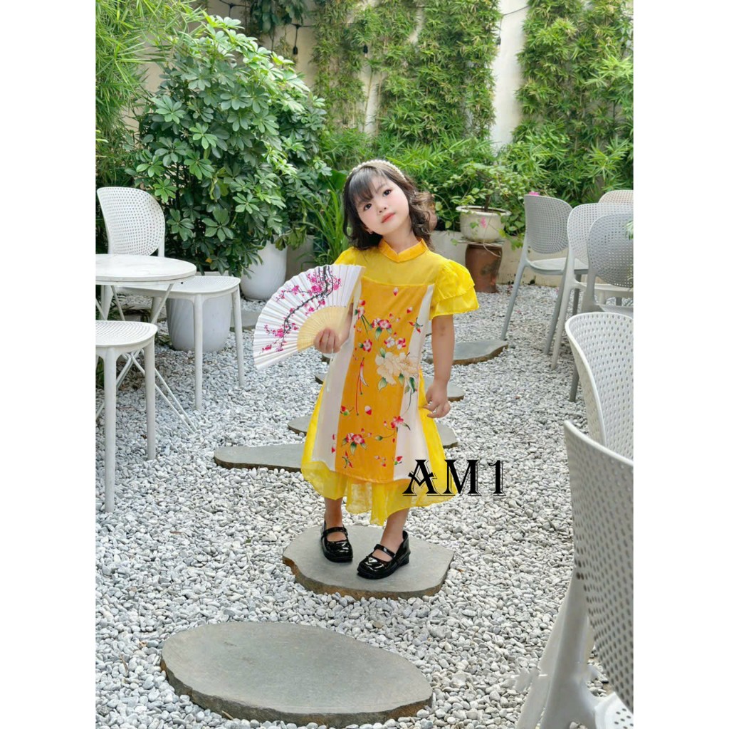 Áo dài bé gái truyền thống hoa anh đào QATE634 TB193 Áo dài Tết hoa đào cho bé gái TB394 TN395