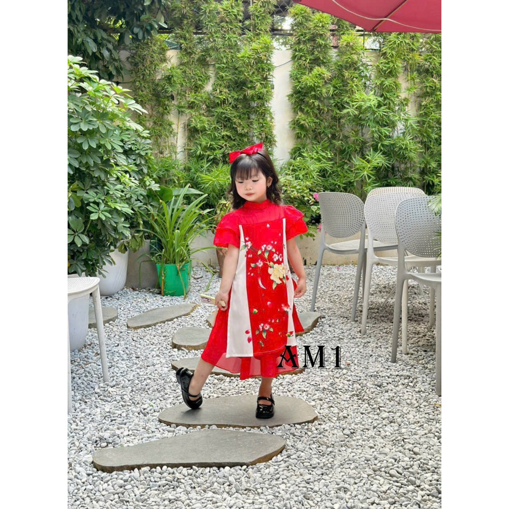 Áo dài bé gái truyền thống hoa anh đào QATE634 TB193 Áo dài Tết hoa đào cho bé gái TB394 TN395