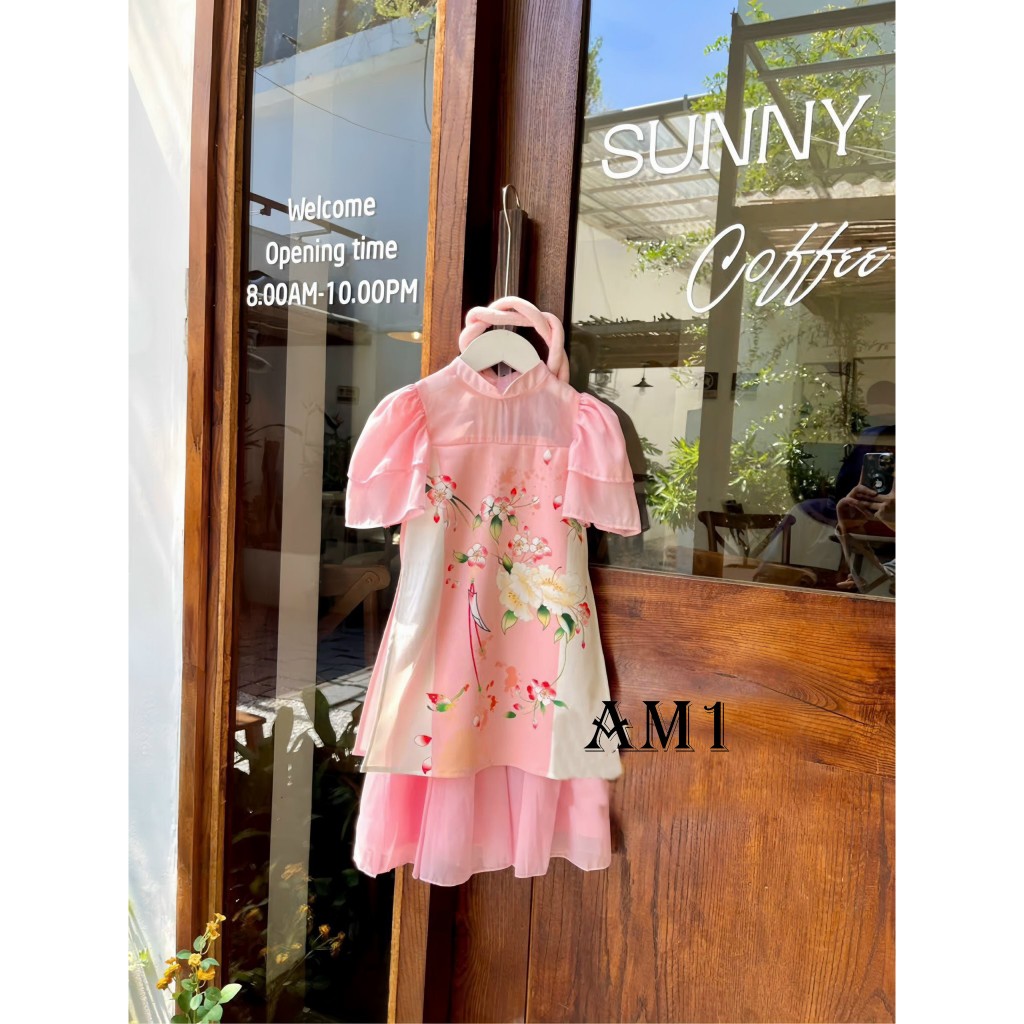 Áo dài bé gái truyền thống hoa anh đào QATE634 TB193 Áo dài Tết hoa đào cho bé gái TB394 TN395