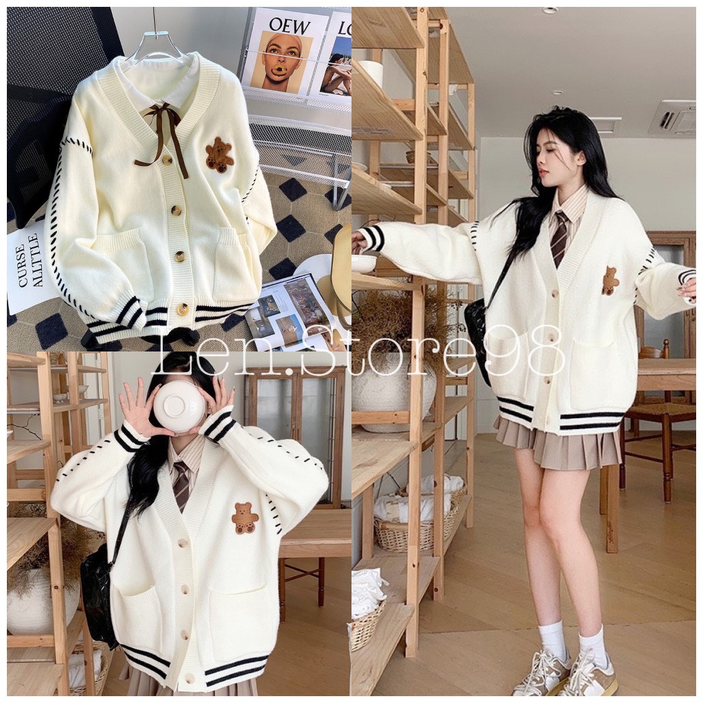 Áo Khoác Nữ, Áo Khoác Cadigan Thêu Gấu Chất Len Tàu Hàng QCCC
