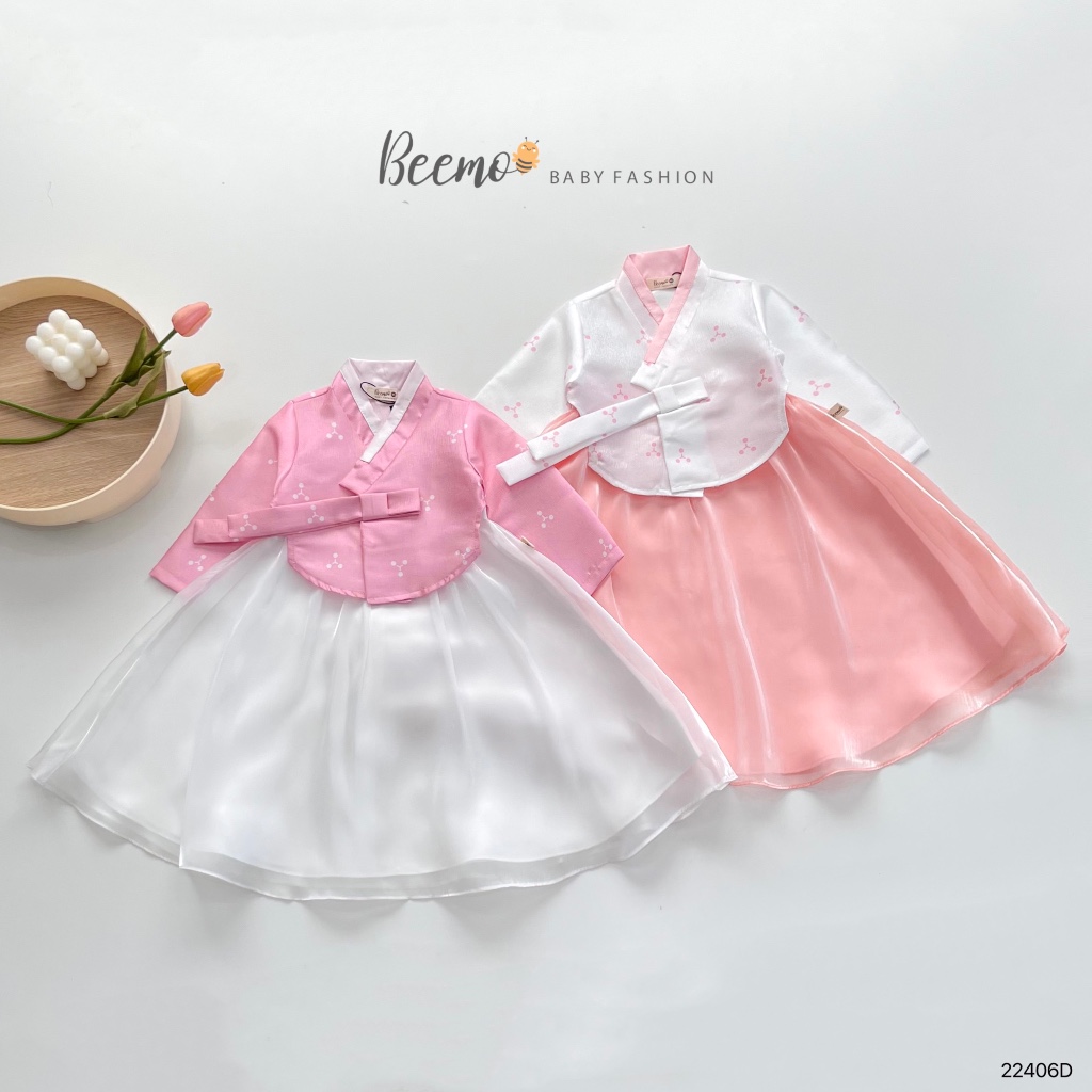 Bộ hanbok cho Hàn cho bé gái Beemo,Chất liệu tafta Hàn,ưu điểm đứng form,không nhăn,Thiết kế dáng váy chuẩn Hàn B404