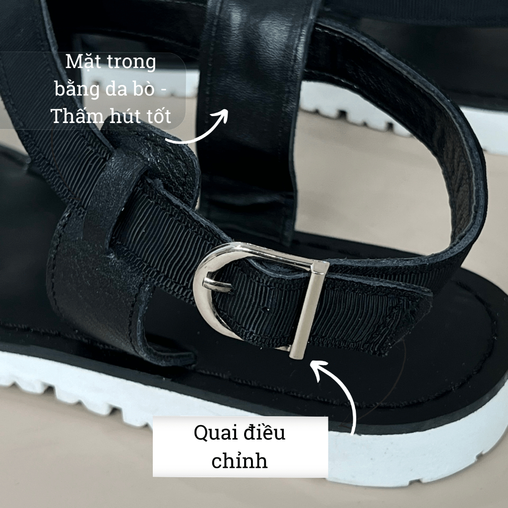 Dép Sandal Nam Da Bò Phối Dù SD02, Dép Quai Hậu Nam Đế Phíp Da Bò màu Đen Đế Trắng