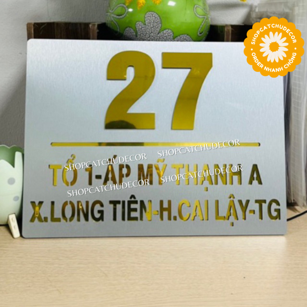 Biển Số Nhà, Số Phòng, Biệt Thự, Chung Cư. Màu Xước Bạc + Alu Vàng Gương