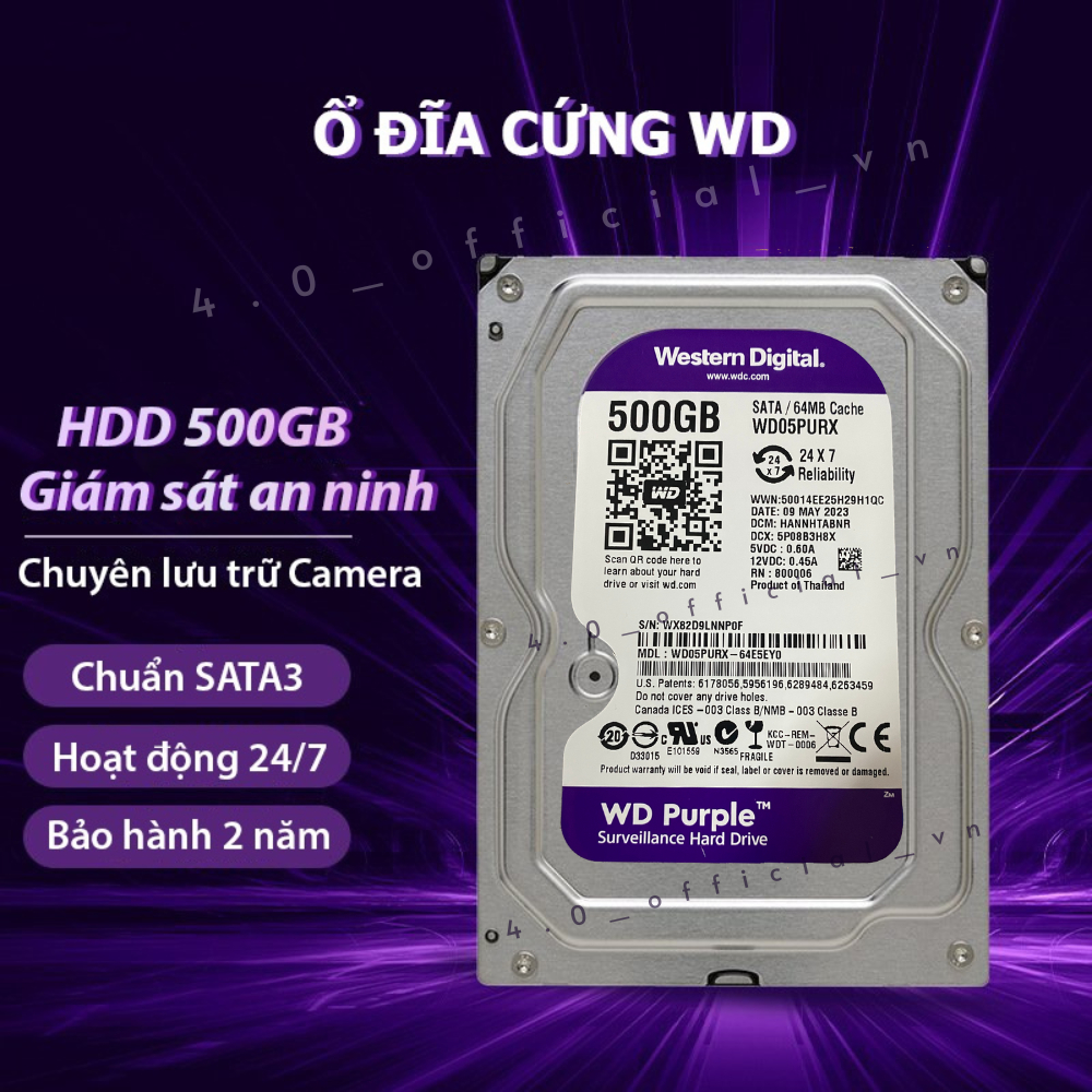 Ổ Cứng HDD Western Tím 500GB (New 100%) - Chuyên Dùng Cho Máy Tính Và Camera ( Bảo Hành 2 Năm )