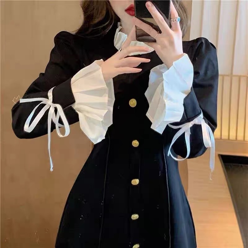 Đầm Đen Phối Tay Trắng Xếp Ly Thanh Lịch Sang Trọng  Váy Đen Form Tôn Dáng Tay Dài Tôn Dáng