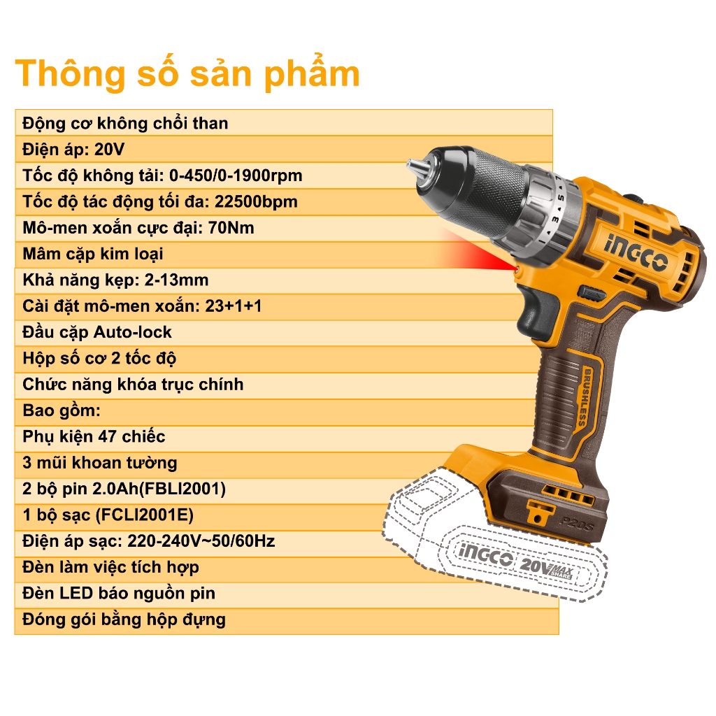 Máy khoan pin INGCO CIDLI20605 3 chức năng có búa Mô-men xoắn cực đại 70Nm 22500bpm đầu kẹp 2-13mm motor không chổi than