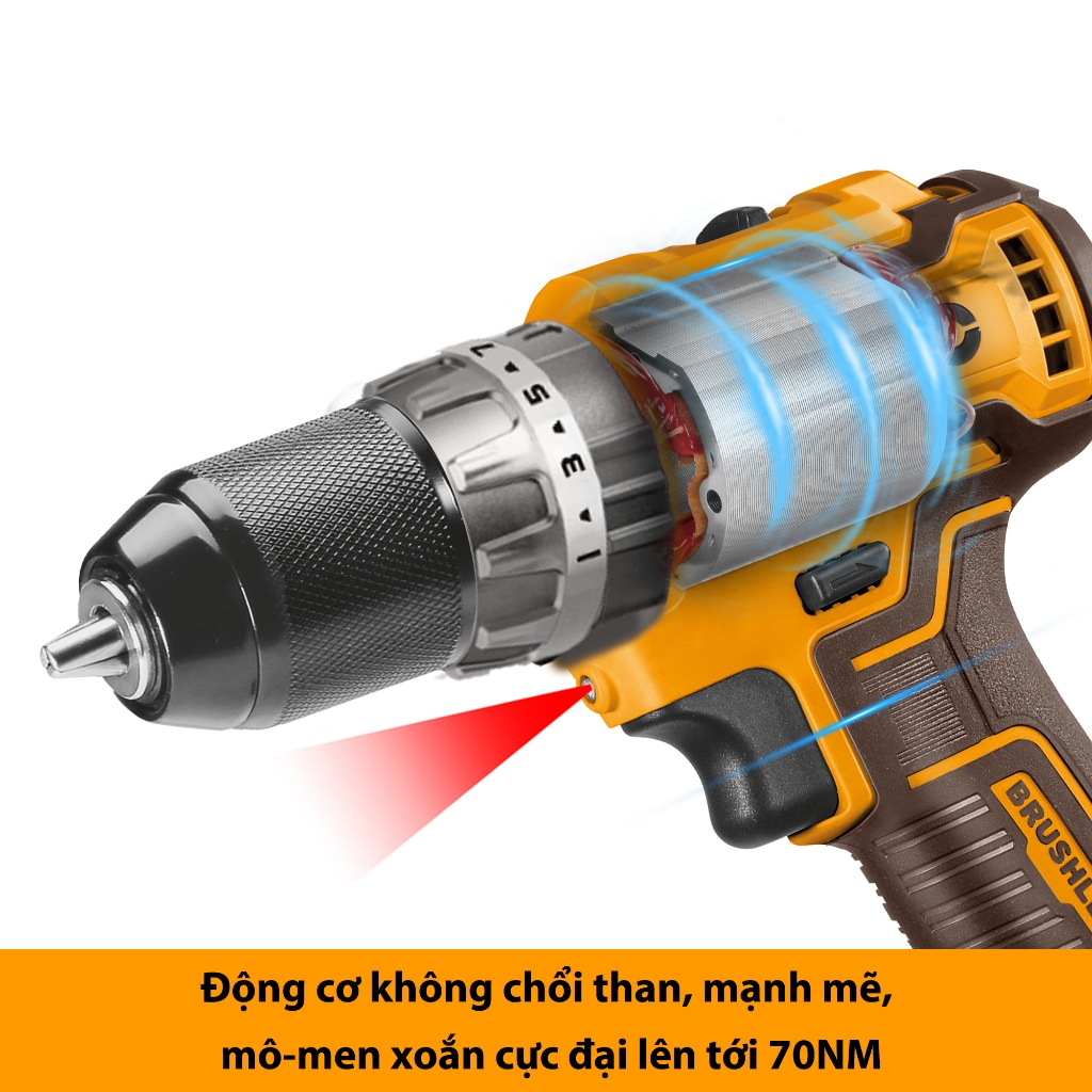 Máy khoan pin INGCO CIDLI20605 3 chức năng có búa Mô-men xoắn cực đại 70Nm 22500bpm đầu kẹp 2-13mm motor không chổi than