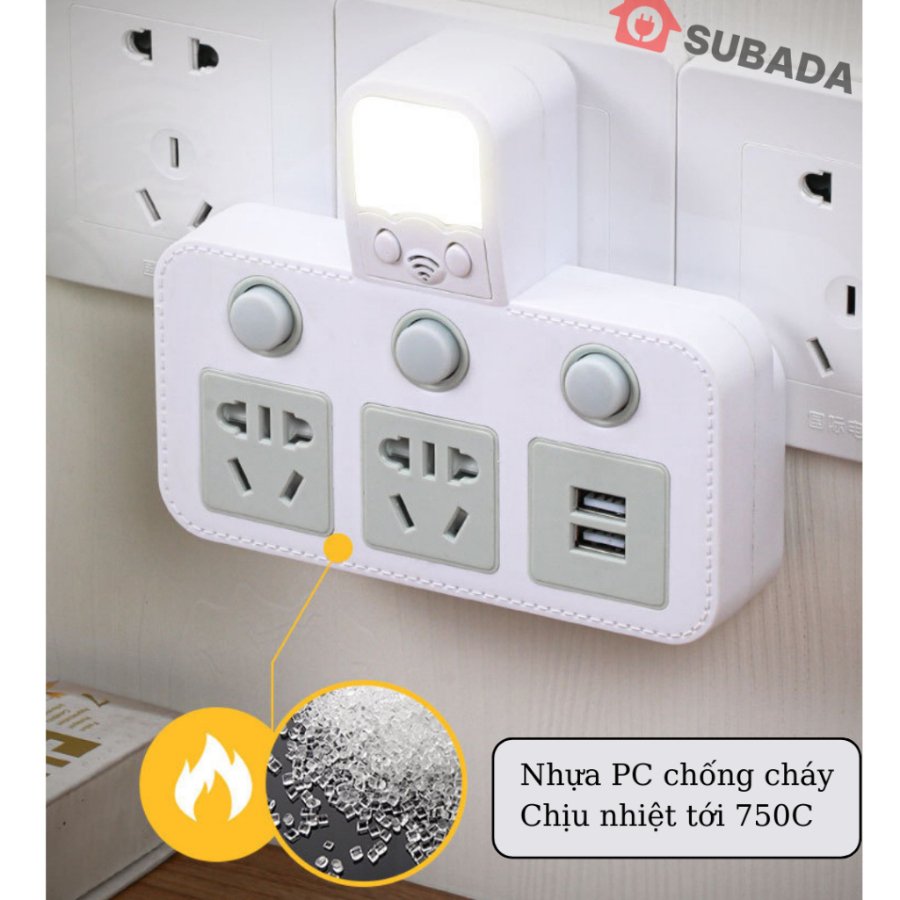 Ổ chia điện đa năng thông minh HOTECH 2500w tích hơp cổng USB và đèn ngủ tiện lợi chống giật chống cháy an toàn TH5H