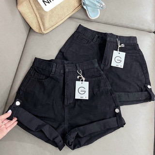 Quần short kaki jean đen trắng gập gối đóng khuya nút hai bên, Quần jean đùi gập gấu chất jean kaki mềm