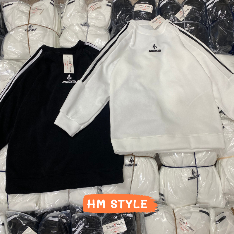 Áo sweater chất nỉ cotton mềm mịn, áo sweater unisex Nam nữ nỉ hàn dài tay phối sọc thêu chữ AP mã HA368 HMStyle