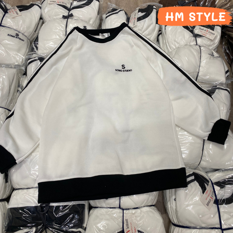 Áo sweater chất nỉ cotton mềm mịn, áo sweater nỉ hàn dài tay phối sọc đen thêu chữ S Song Studio mã HA50 HMStyle