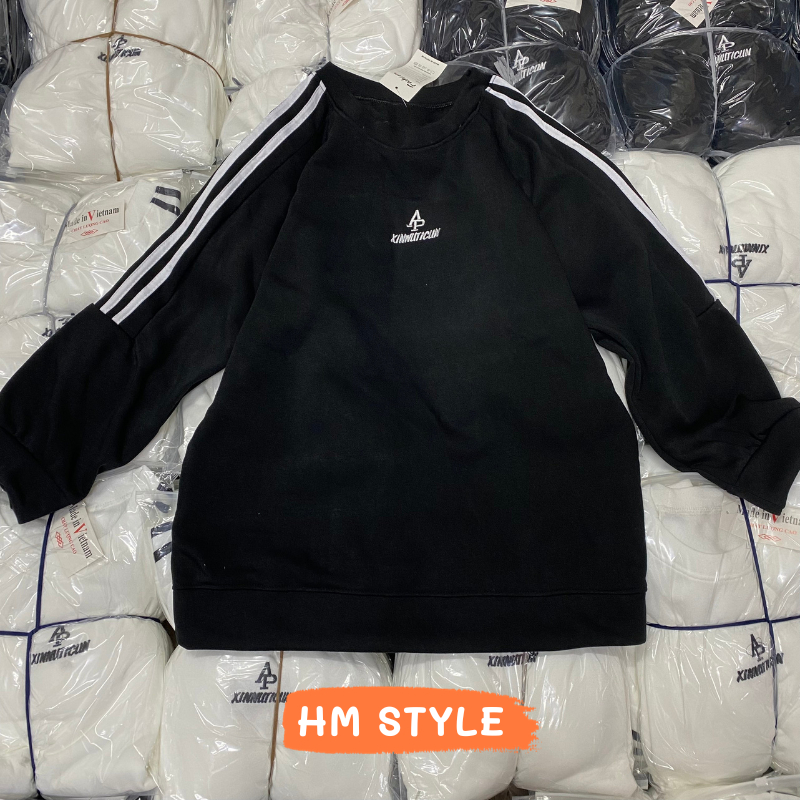 Áo sweater chất nỉ cotton mềm mịn, áo sweater unisex Nam nữ nỉ hàn dài tay phối sọc thêu chữ AP mã HA368 HMStyle