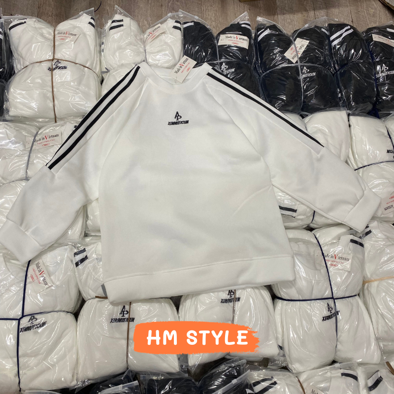 Áo sweater chất nỉ cotton mềm mịn, áo sweater unisex Nam nữ nỉ hàn dài tay phối sọc thêu chữ AP mã HA368 HMStyle