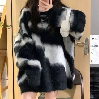 Áo Len Dệt Kim Lông Mịn Cổ Tròn Tay Dài Dáng Rộng Phối Loang Trắng Đen Dễ Phối Đồ Hàng Qccc Phong Cách Hàn Quốc Orange