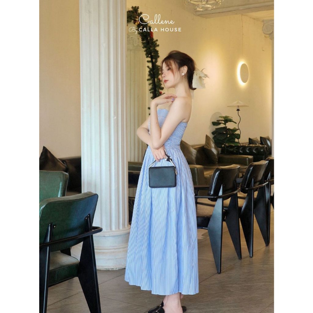 Đầm cúp ngực hoạ tiết sọc dễ thương phong cách sang chảnh