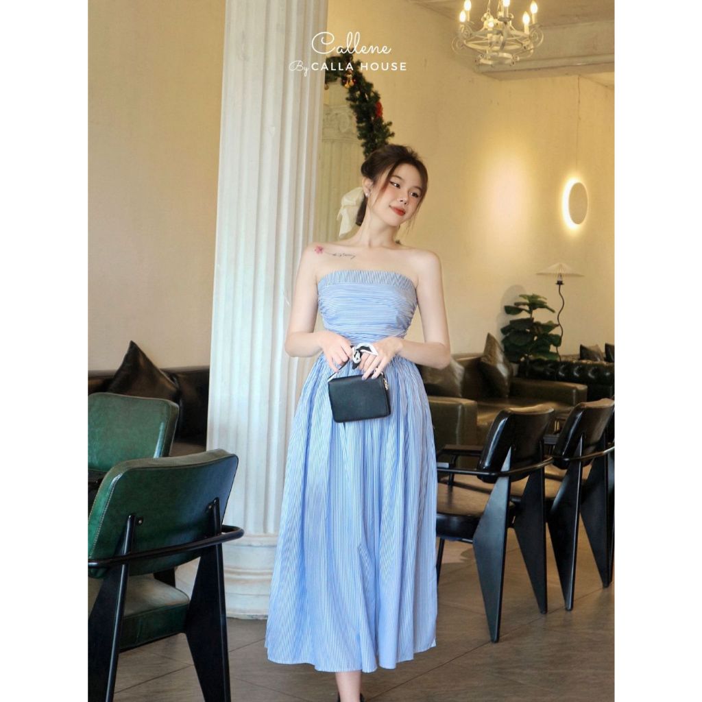 Đầm cúp ngực hoạ tiết sọc dễ thương phong cách sang chảnh