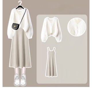 Set Đồ Nữ, Set Váy 2 Dây Dáng Dài Liền Thân, Áo Len Dệt Kim Tôn Dáng, Phong Cách Nhẹ Nhàng