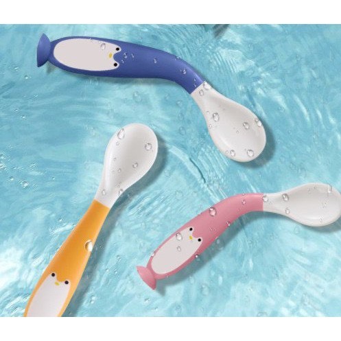 Thìa ăn dặm Chim Cánh Cụt bẻ cong uốn dẻo 360 độ dành cho bé, có đế - Bibeebaby