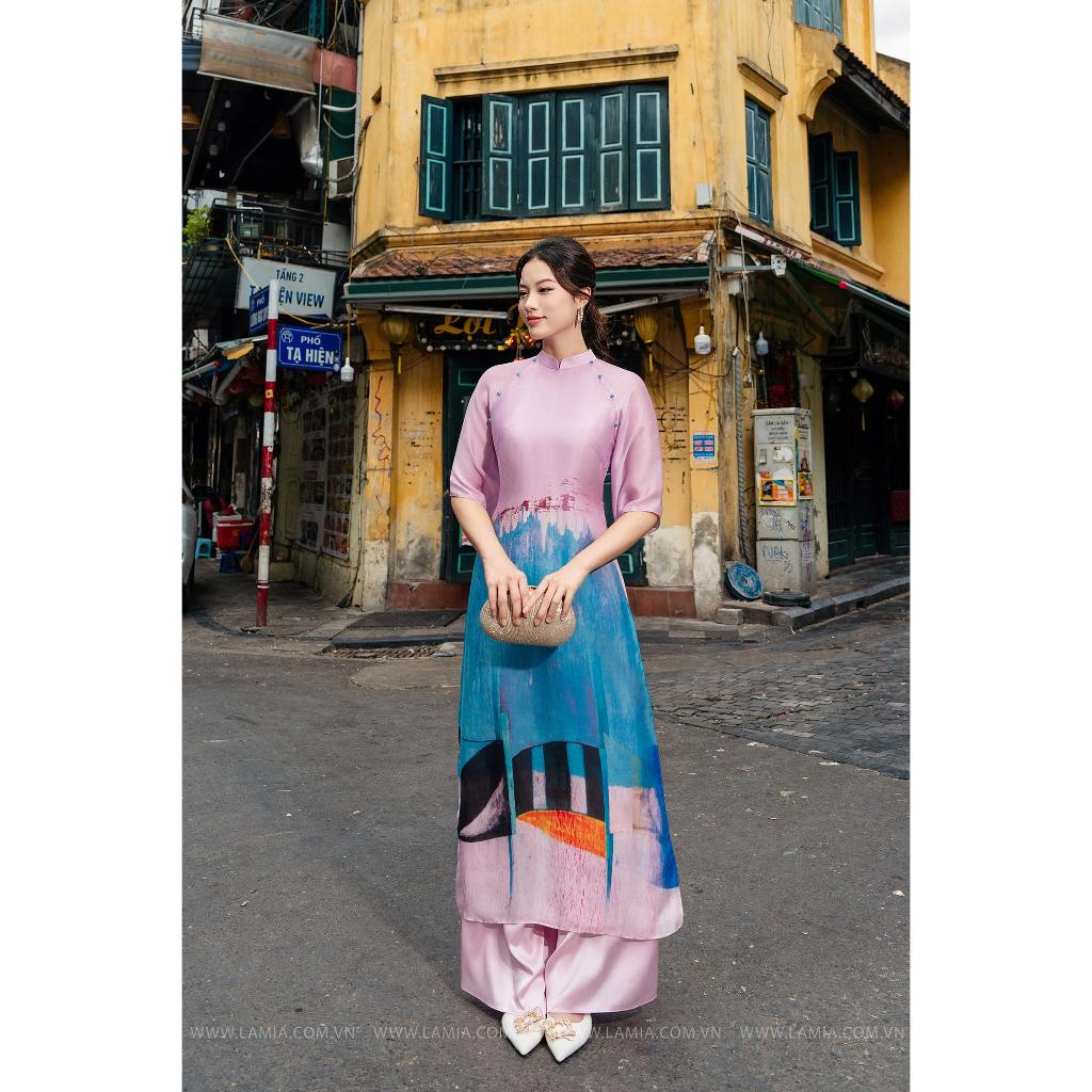 Áo dài Lamia Design AD133 chất liệu tơ Hàn, gam màu tím hồng - xanh pastel chuyển sắc, bản in 3D đẹp tinh xảo cuốn hút