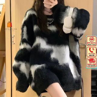 Áo Len Cổ Tròn Dáng Dài From Rộng Phối Loang Trắng Đen Màu Basic Phong Cách Hàn Quốc 2 Màu Dễ Phối Đồ Hàng Qccc Shopquac
