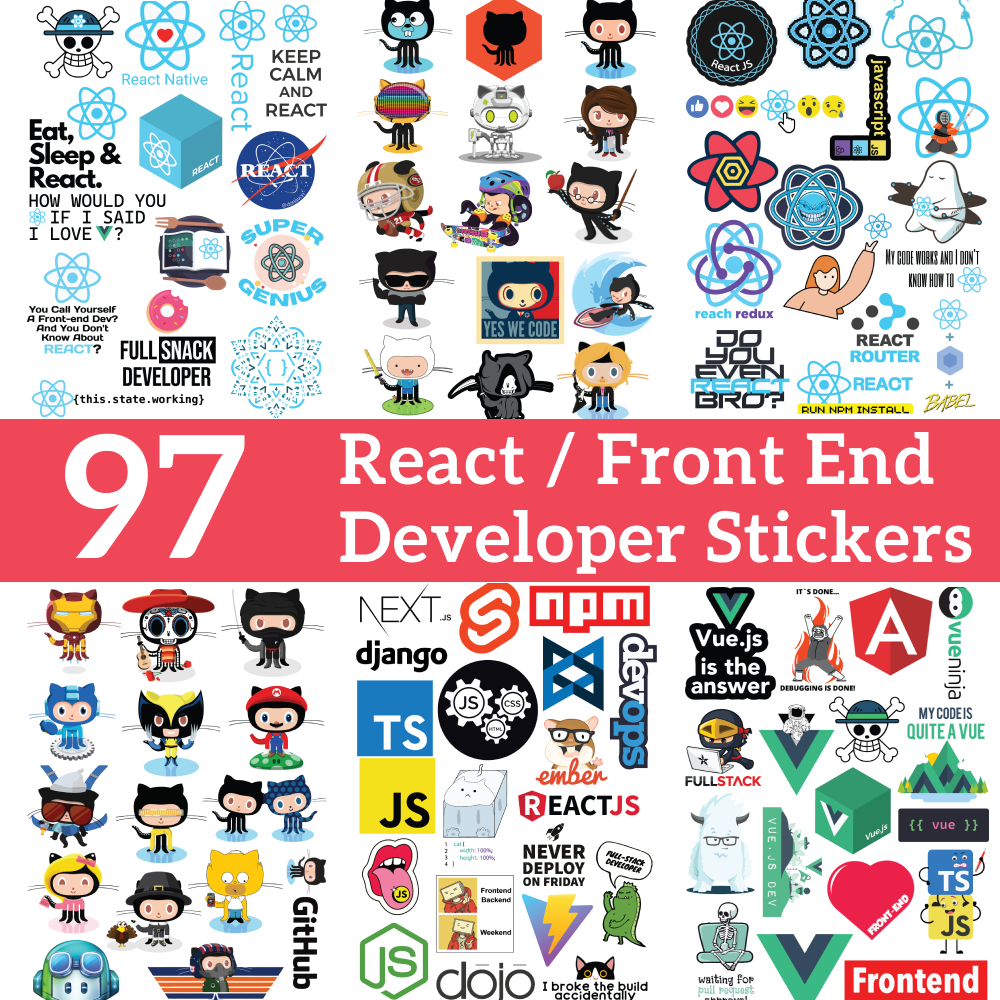 Bộ 90 Hình Dán Lập Trình Viên Front End - Vue NextJS AngularJS Javascript React Sticker