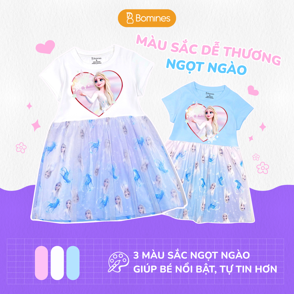 Váy bé gái công chúa Elsa BOMINES họa tiết xinh xắn cho bé 3-10 tuổi khoảng 12- 30kg DTNELSATRAITIM3D