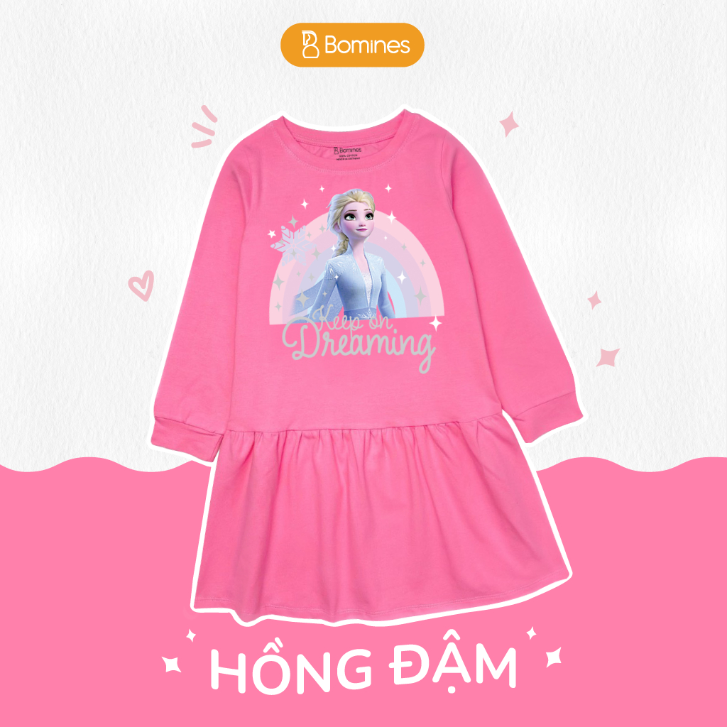 Váy bé gái tay dài Elsa Bomines, đầm cotton mùa thu cho bé 3- 10 tuổi khoảng 12kg- 30kg DTDELSACAUVONG