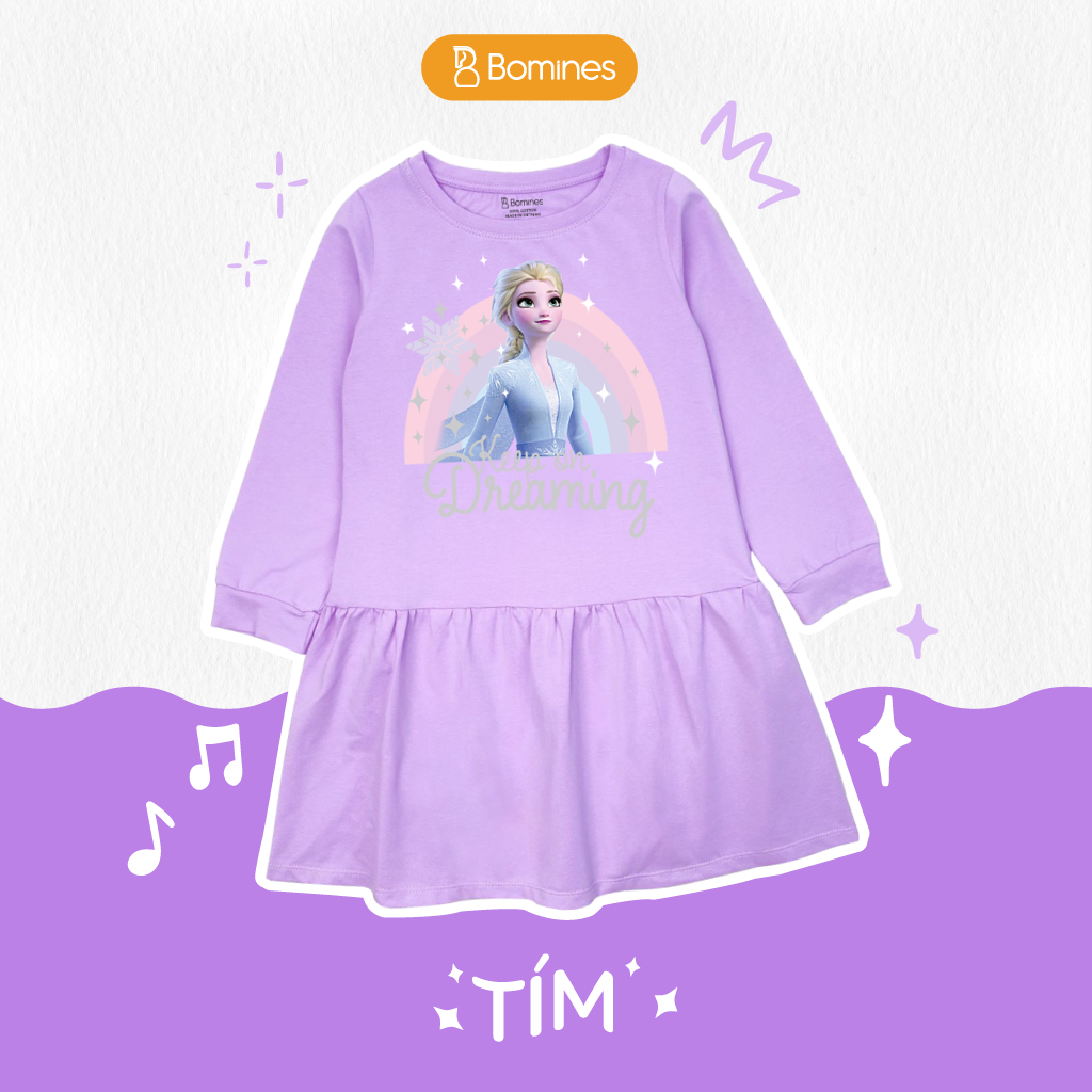 Váy bé gái tay dài Elsa Bomines, đầm cotton mùa thu cho bé 3- 10 tuổi khoảng 12kg- 30kg DTDELSACAUVONG
