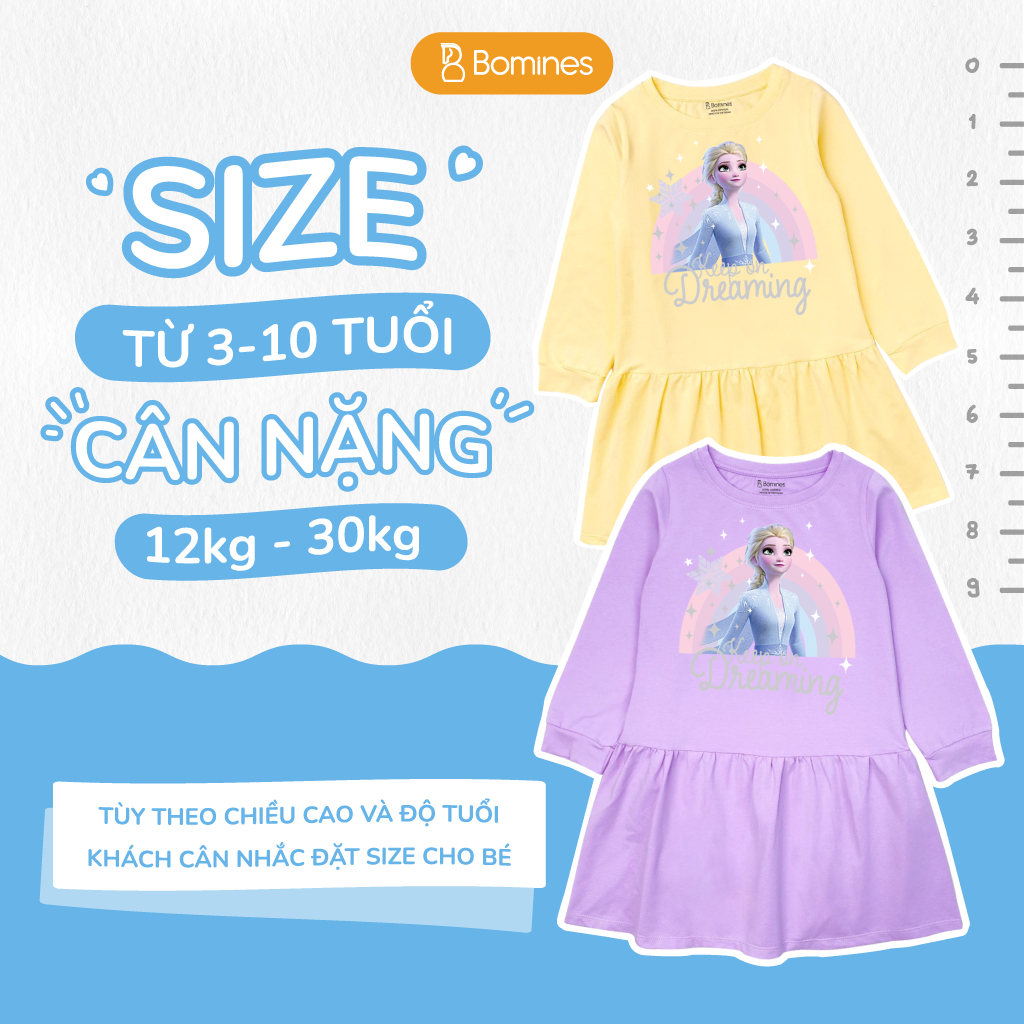 Váy bé gái tay dài Elsa Bomines, đầm cotton mùa thu cho bé 3- 10 tuổi khoảng 12kg- 30kg DTDELSACAUVONG